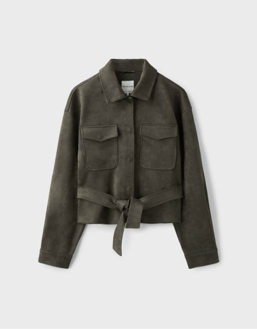 Stradivarius Cropped faux suede jacket in khaki, 6 of 7