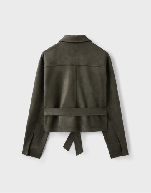 Stradivarius Cropped faux suede jacket in khaki, 7 of 7