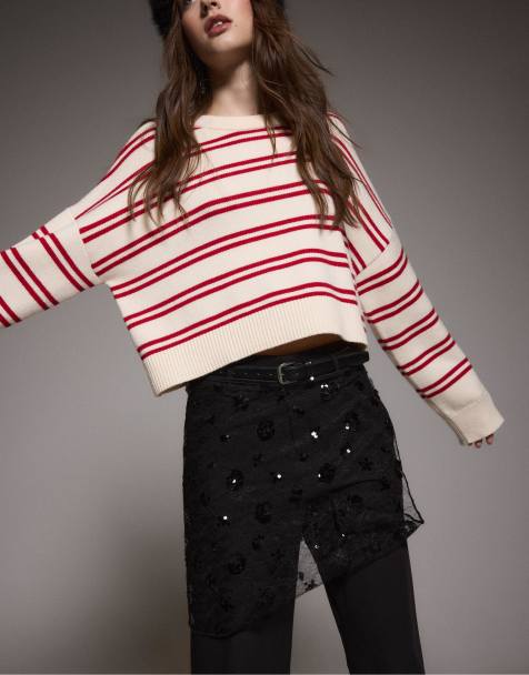 Stradivarius - Cropped gebreide gestreepte sweater in rood - view 1
