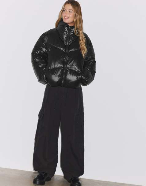 Stradivarius Cropped high neck padded jacket in black - view 1