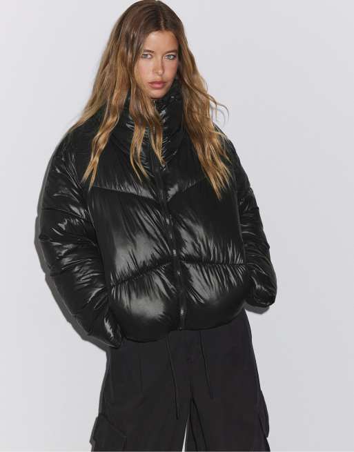 Stradivarius Cropped high neck padded jacket in black, 5 of 7