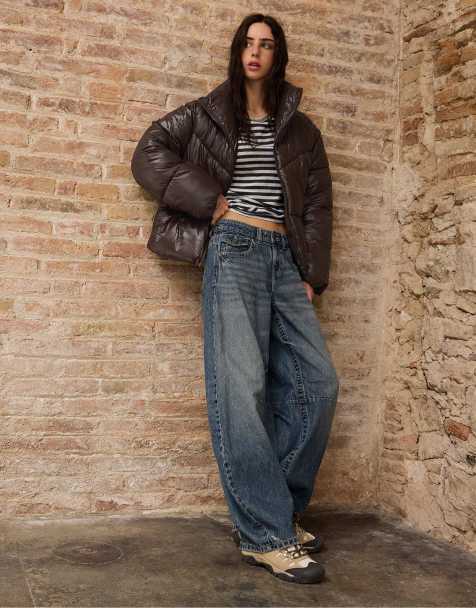 Stradivarius Cropped high neck padded jacket in brown - view 1