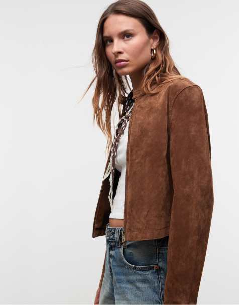 Stradivarius - Cropped jack van 100% leer in bruin - view 1