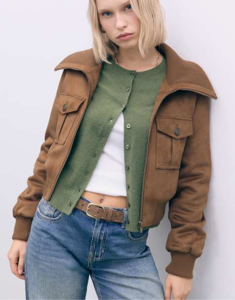 Stradivarius – Cropped-Jacke in Kamelbraun mit Kontrastrippung - view 1