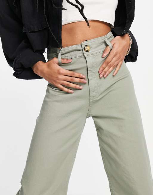 Stradivarius - Cropped jeans med vidde i vasket khaki, 3 af 4