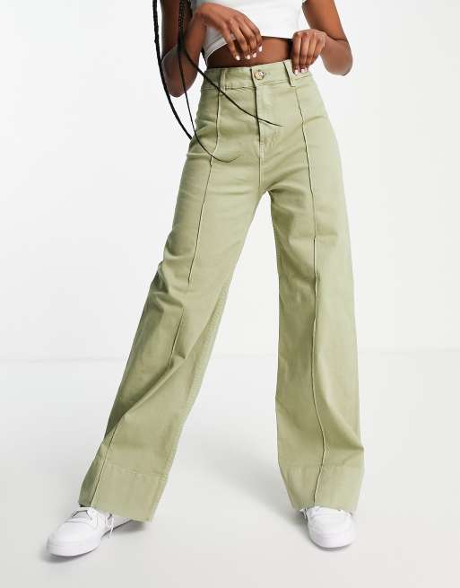 Stradivarius - Cropped jeans met wijde pijpen en naden voor in kaki