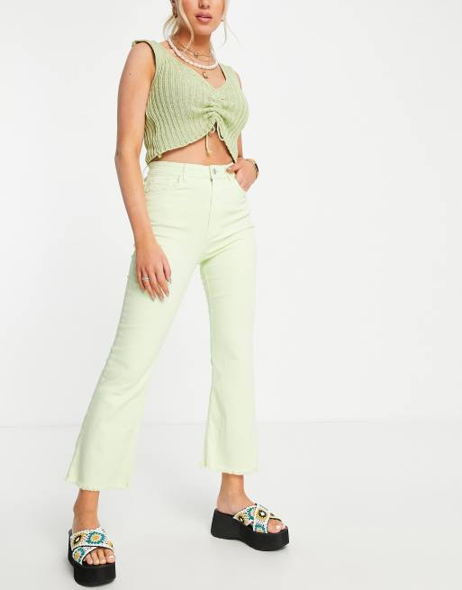 Stradivarius cropped jeans with frayed hem in washed lime 