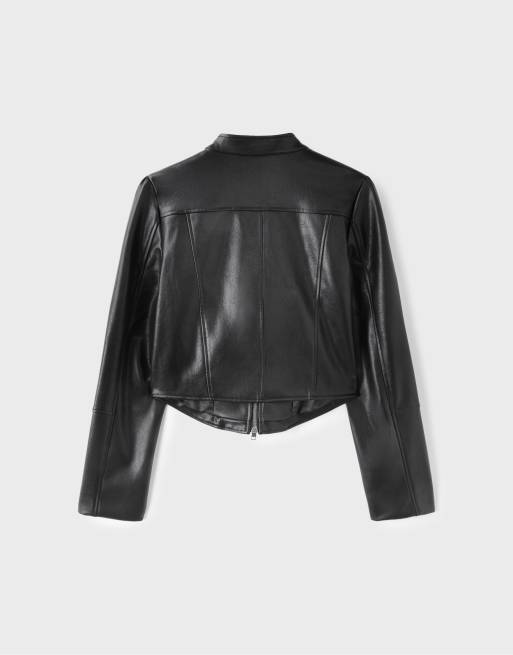 Stradivarius Cropped leather effect biker jacket in black, 7 of 7