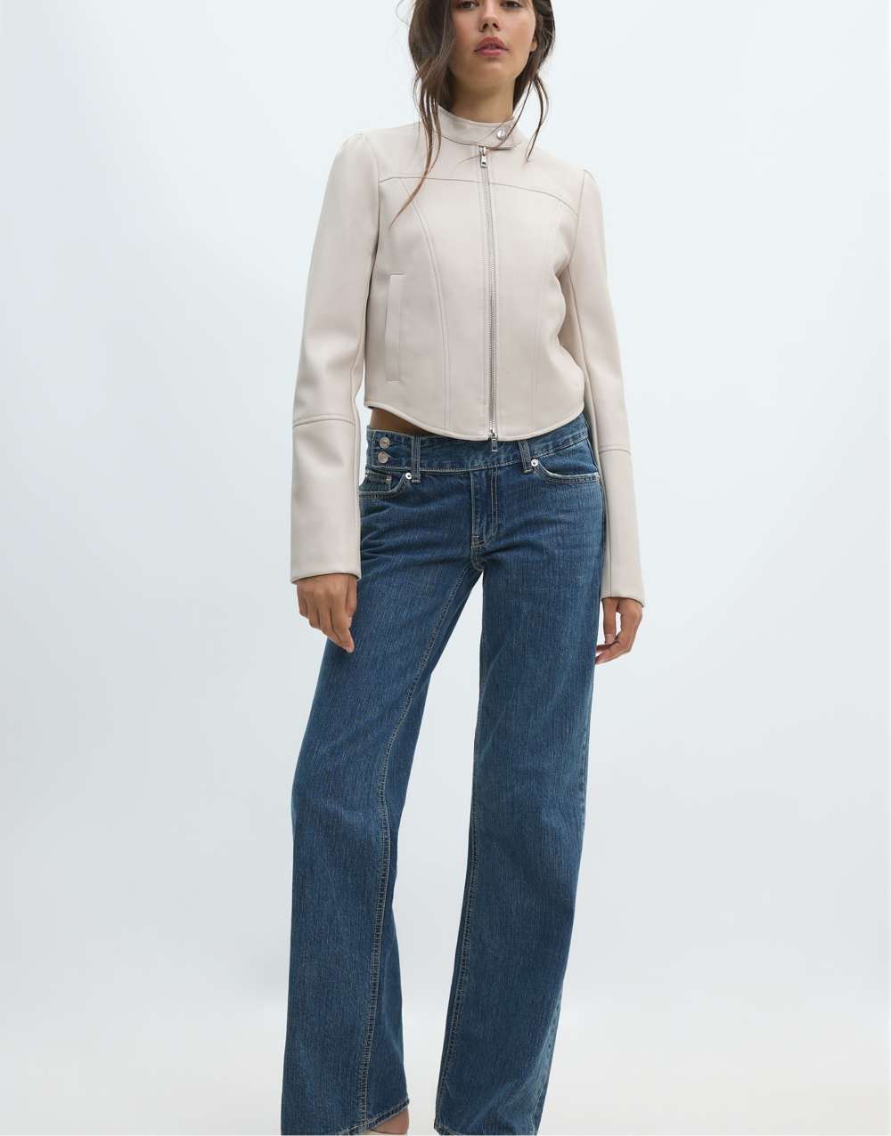 Stradivarius Cropped leather effect biker jacket in ecru