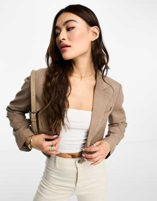 Stradivarius cropped linen blazer in taupe