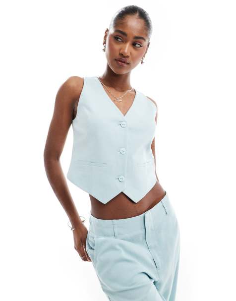 Stradivarius cropped linen blend waistcoat with open back in light blue (part of a set) - view 1