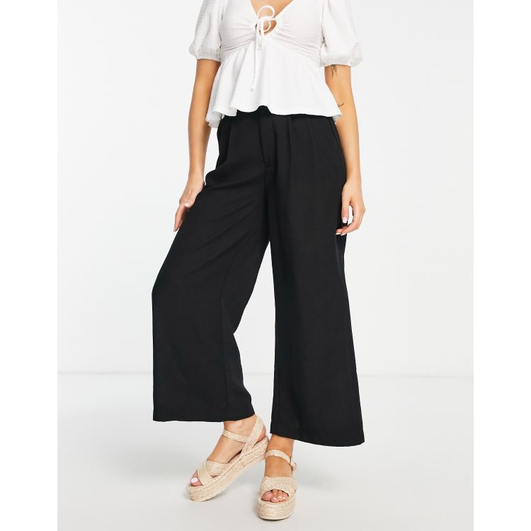 Stradivarius cropped linen wide leg pants in black