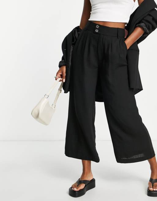 Stradivarius cropped linen wide leg trouser in black | ASOS