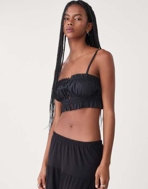 Stradivarius cropped milkmaid top in black