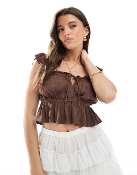 Stradivarius cropped milkmaid top in chocolate - view 1