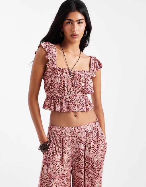 Stradivarius cropped milkmaid top in pink paisley print (Part of a set)