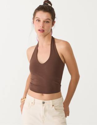 Stradivarius - Cropped Neckholder-Oberteil in Braun