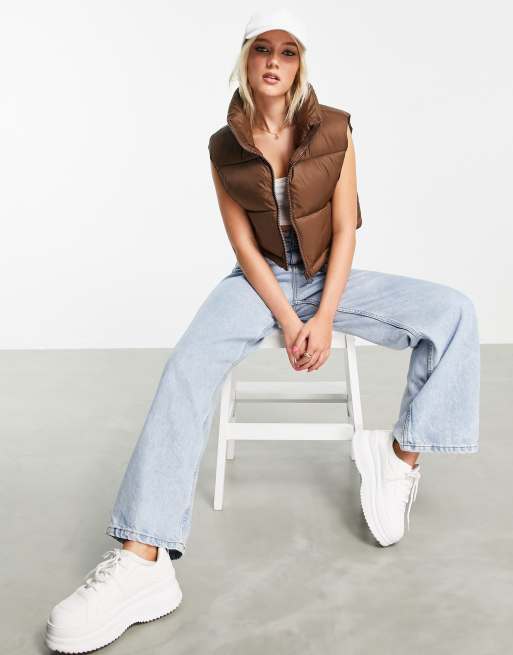 Stradivarius cropped padded gilet in brown