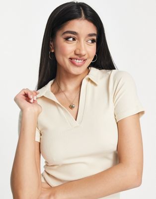 Stradivarius cropped polo t-shirt in beige