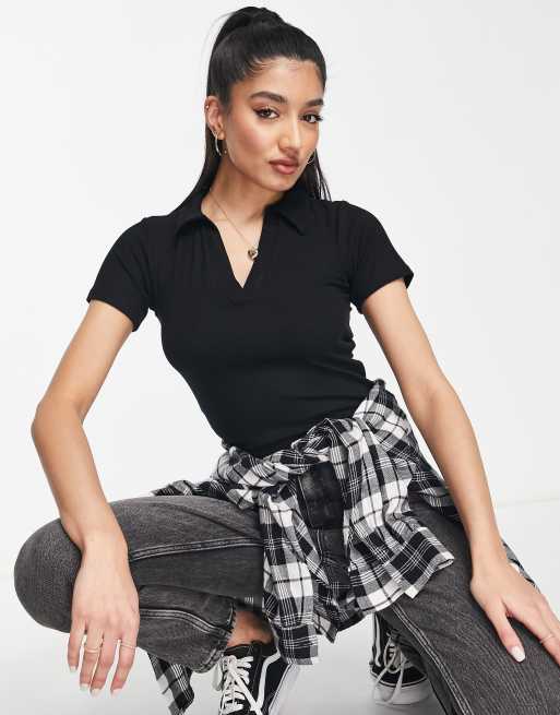 Stradivarius - Cropped poloshirt in zwart