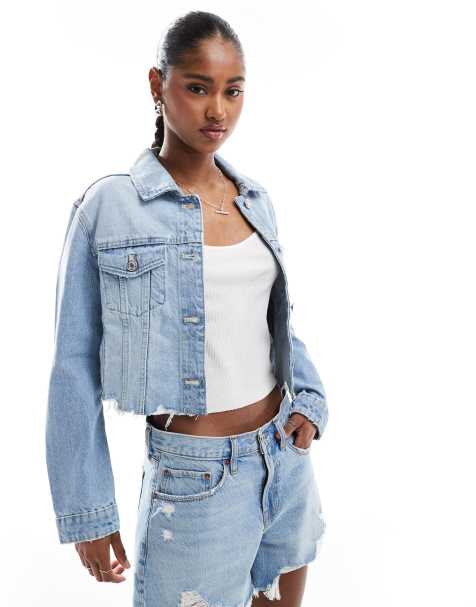 Stradivarius cropped raw hem denim jacket in washed blue - view 1