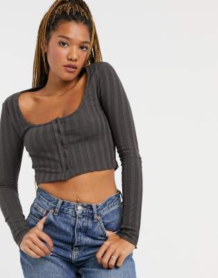 Stradivarius cropped ribbed cardigan in grey