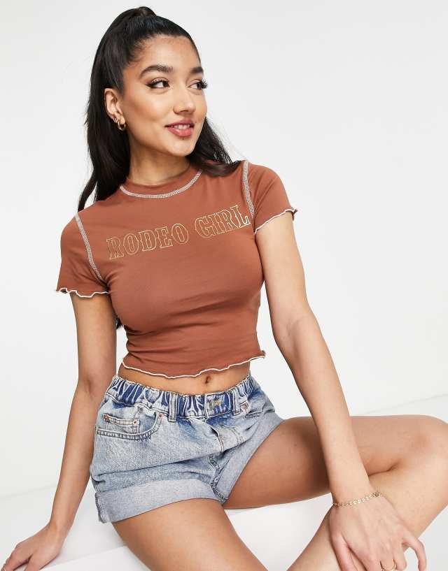 Stradivarius cropped 'Rodeo Girl' 90s tee in rust