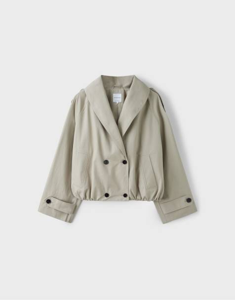 Stradivarius Cropped shawl neck trench coat in stone - view 1