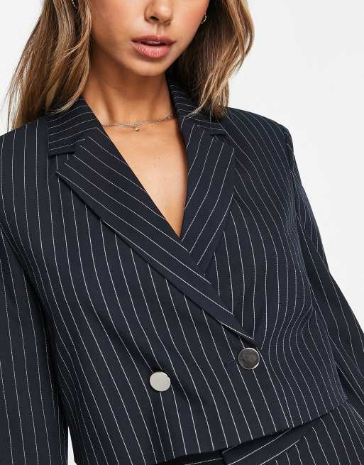 Stradivarius - Cropped skræddersyet blazer med nålestriber i marineblå - Del af sæt, 3 af 4
