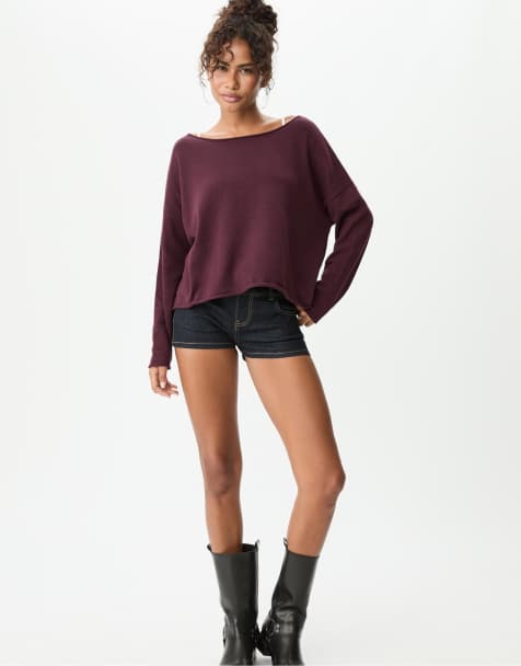 Stradivarius - Cropped sweater met boothals in bordeauxrood - view 1