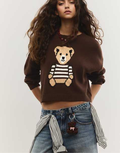 Stradivarius – Cropped Sweatshirt in Braun mit Formen - view 1