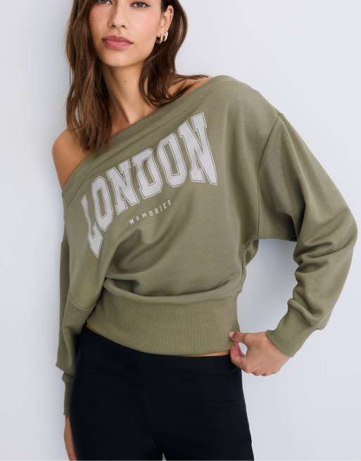 Stradivarius cropped sweatshirt med bådudskæring i khaki, 5 af 7