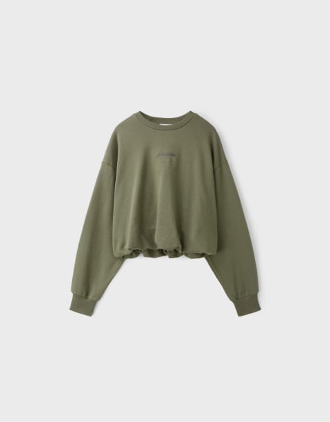 Stradivarius cropped sweatshirt met ballonzoom in kaki - view 1