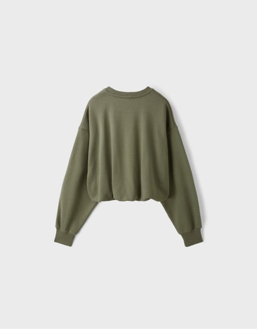 Stradivarius cropped sweatshirt met ballonzoom in kaki, 7 van 7