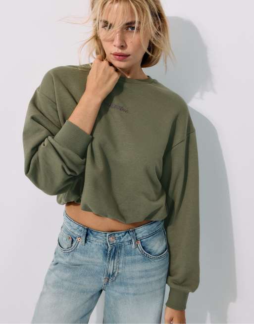 Stradivarius Cropped-Sweatshirt mit Ballonsaum in Khaki, 5 von 7