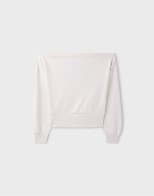 Stradivarius Cropped Sweatshirt mit U-Boot-Ausschnitt in Ecru, 7 von 7