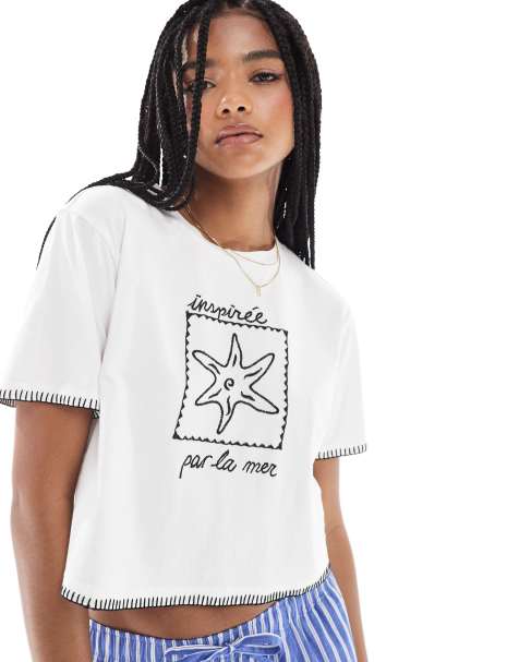 Stradivarius - Cropped T-shirt met geborduurde mouwen in wit - view 1