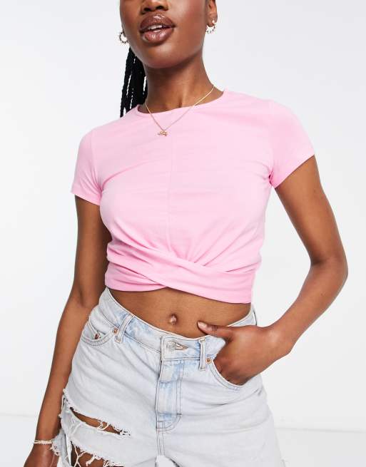 Stradivarius - Cropped T-shirt met knoopdetail in roze , 3 van 4
