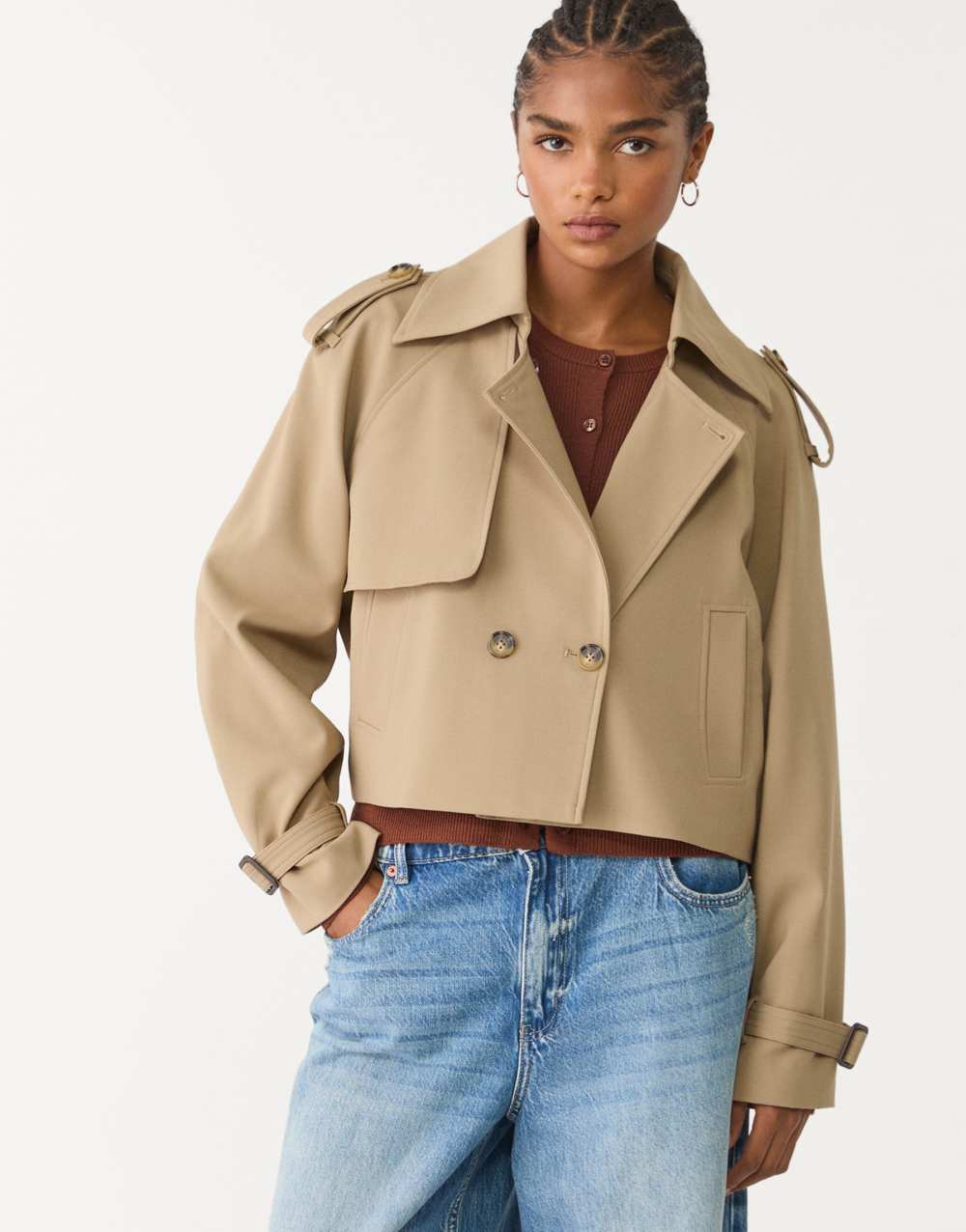 Stradivarius cropped tailored trench coat in khaki