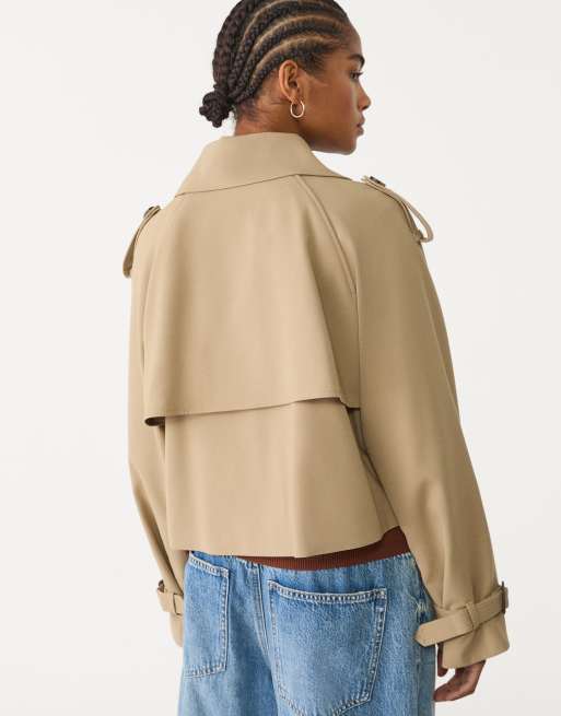 Stradivarius cropped tailored trench coat in khaki, 3 of 4