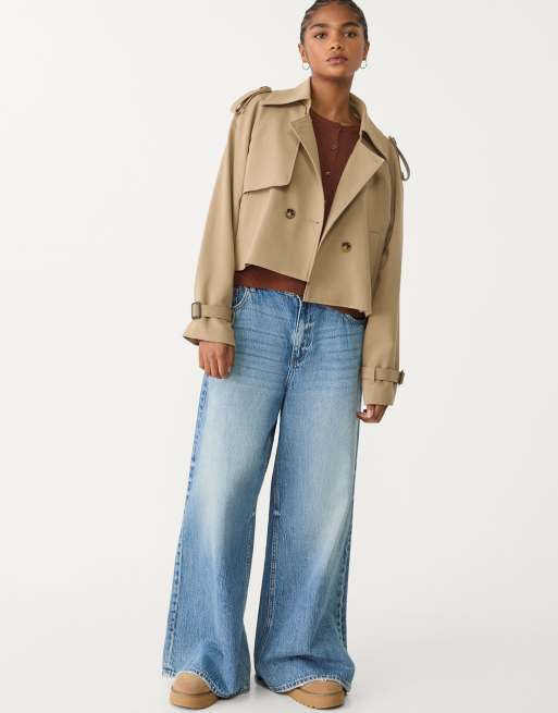 Stradivarius cropped tailored trench coat in khaki, 4 of 4