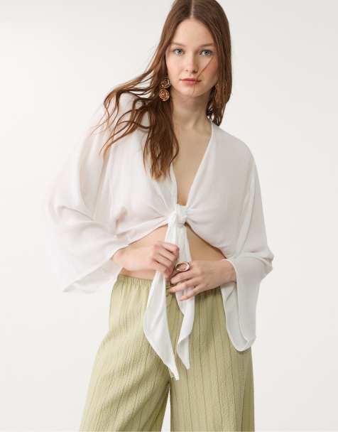 Stradivarius cropped tie front blouse in white - view 1