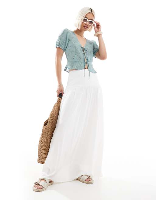 Stradivarius cropped tie front puff sleeve blouse in khaki