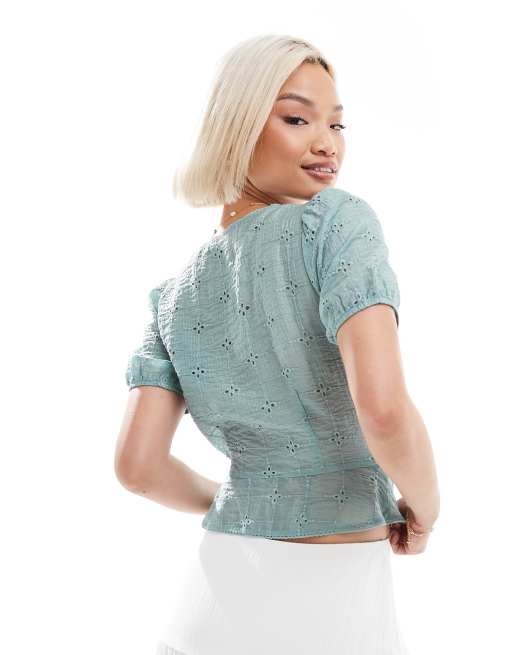 Stradivarius cropped tie front puff sleeve blouse in khaki