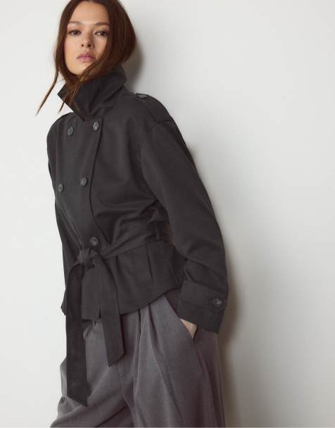 Stradivarius cropped trench coat with belt in black