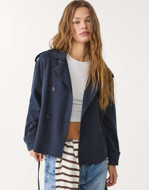 Stradivarius cropped trench coat with belt in navy blue - view 1