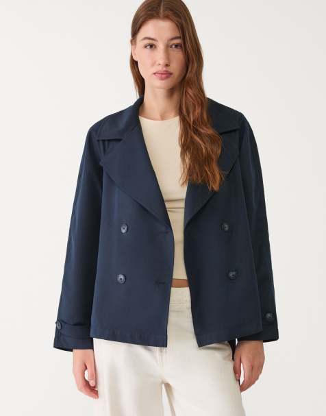 Stradivarius cropped trench coat with belt in navy blue 