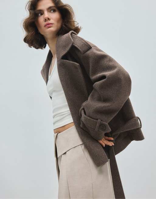 Stradivarius Cropped trench jacket in brown, 2 of 7