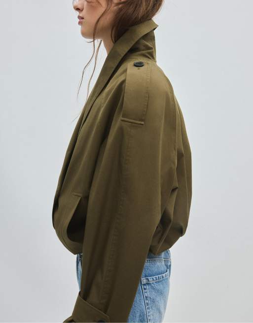 Stradivarius cropped trenchcoat med sjalskrave i khaki, 2 af 7