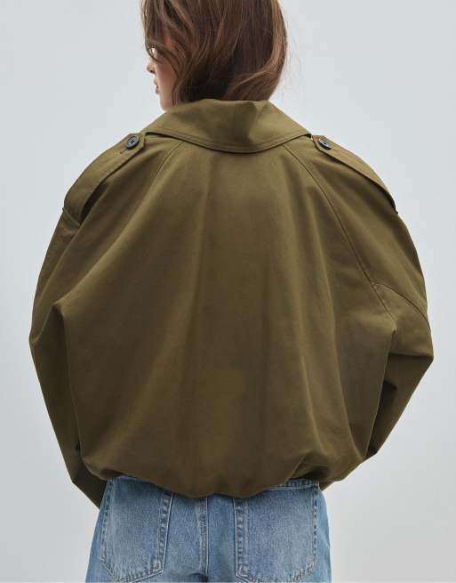 Stradivarius cropped trenchcoat med sjalskrave i khaki, 3 af 7